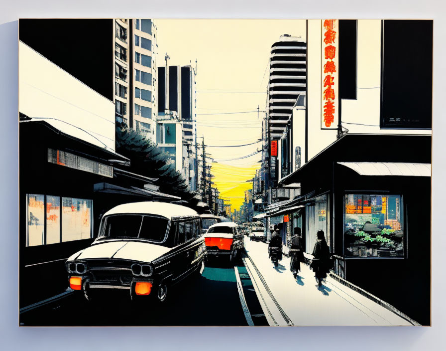 Vibrant street scene with retro cars and towering buildings at sunset