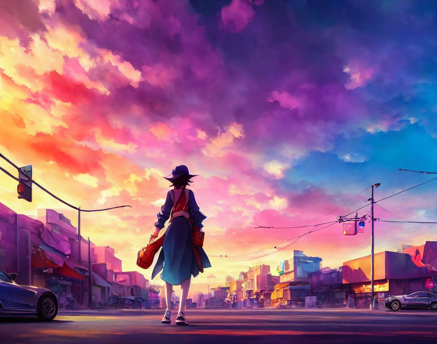 Person in Street at Sunset with Pink and Purple Sky