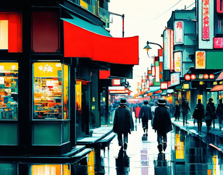 Pedestrians in traditional street with illuminated shop signs and red awnings.