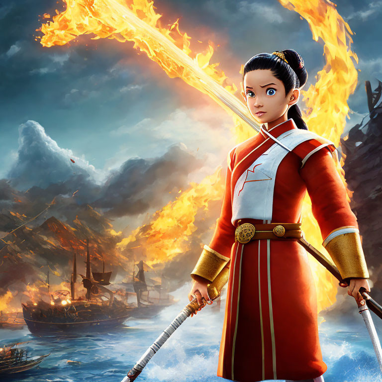 Animated warrior woman in red outfit with staff in fiery sea scene