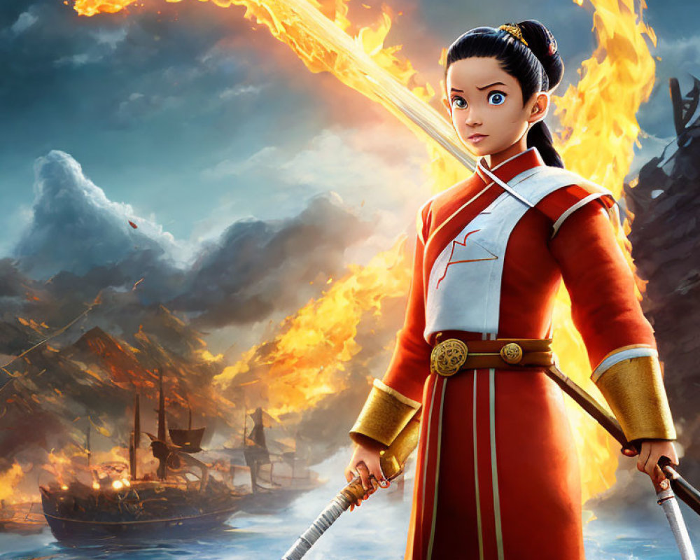 Animated warrior woman in red outfit with staff in fiery sea scene