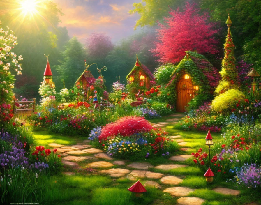 Vibrant flower garden with cobblestone path and fairytale cottages