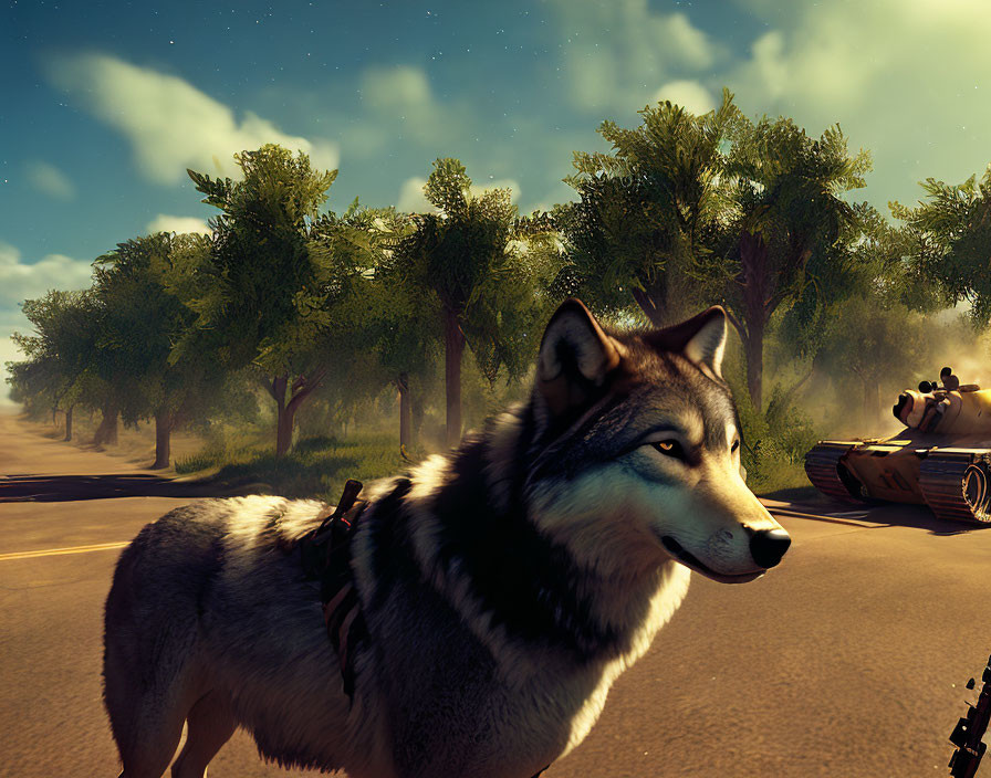 Husky in harness on road near forest with tank and blue sky