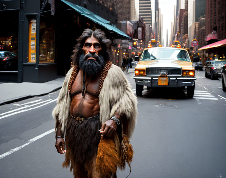 Caveman costume with fur cloak walking in city street