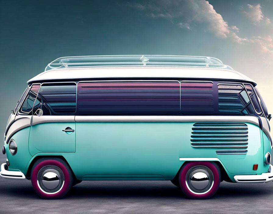 Vintage Turquoise and White Volkswagen Bus with Pink Accents on Gradient Sky Background