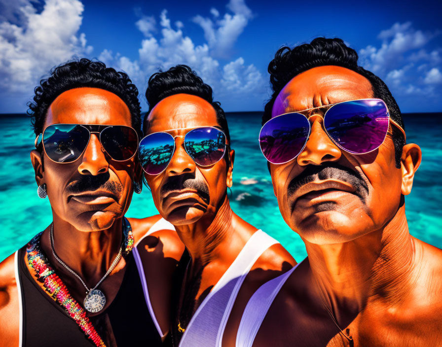 Three men with stylish hair and sunglasses on a tropical beach with sea reflection in shades.