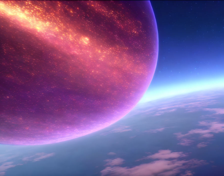 Glowing purple planet in sky over blue, cloudy atmosphere