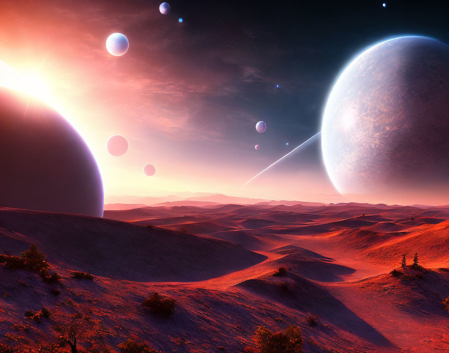 Sci-fi landscape with desert dunes, sunset sky, planet, and moons