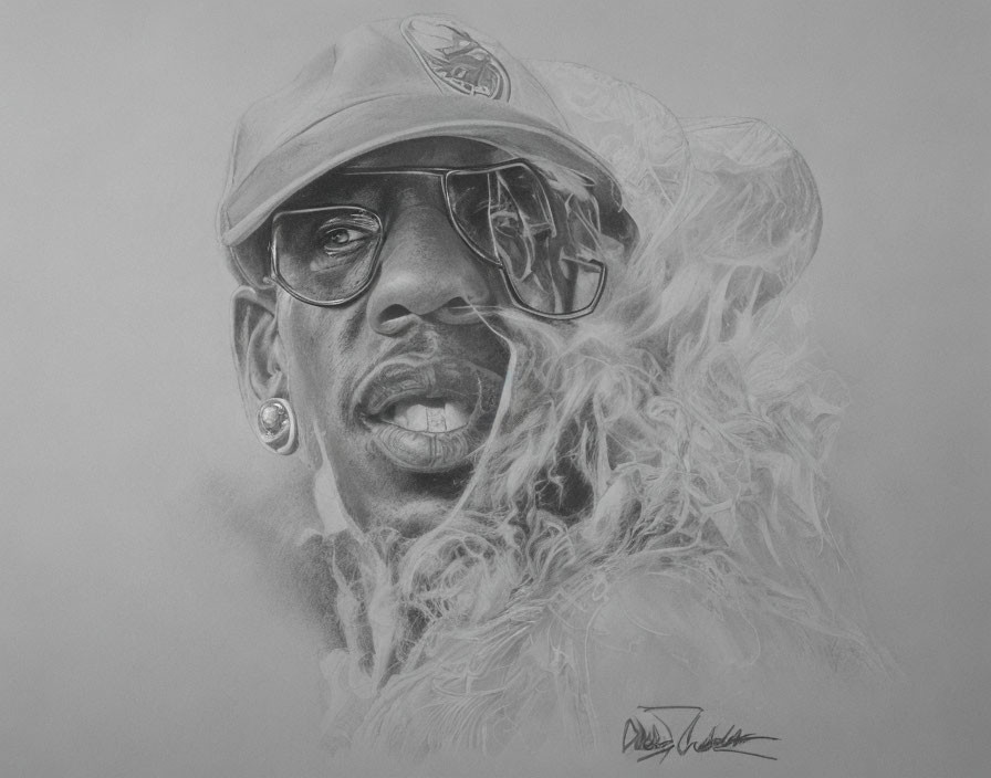 Detailed pencil drawing of man in cap, sunglasses, fluffy coat, with earring.