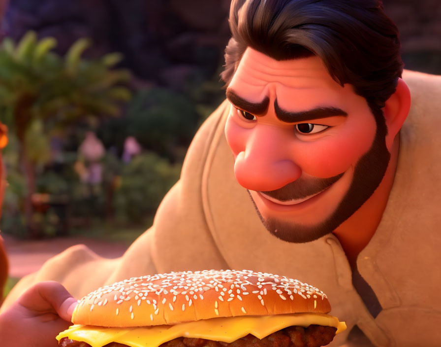 Animated character with large mustache holding giant cheeseburger in rocky terrain.