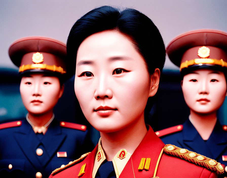 Three uniformed personnel: woman in red with badges, flanked by two in blue, serious expressions