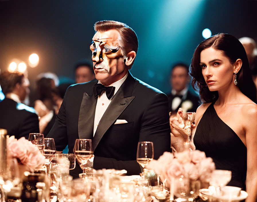 Man in suit and mask with elegant woman at sophisticated event