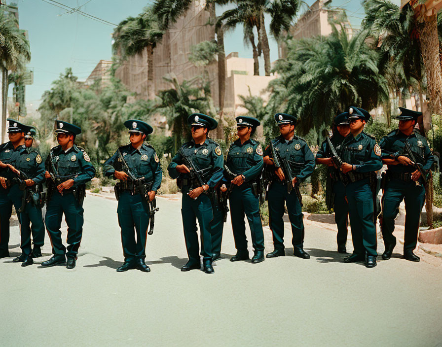 Uniformed police officers with rifles in formation on street with trees and structure.