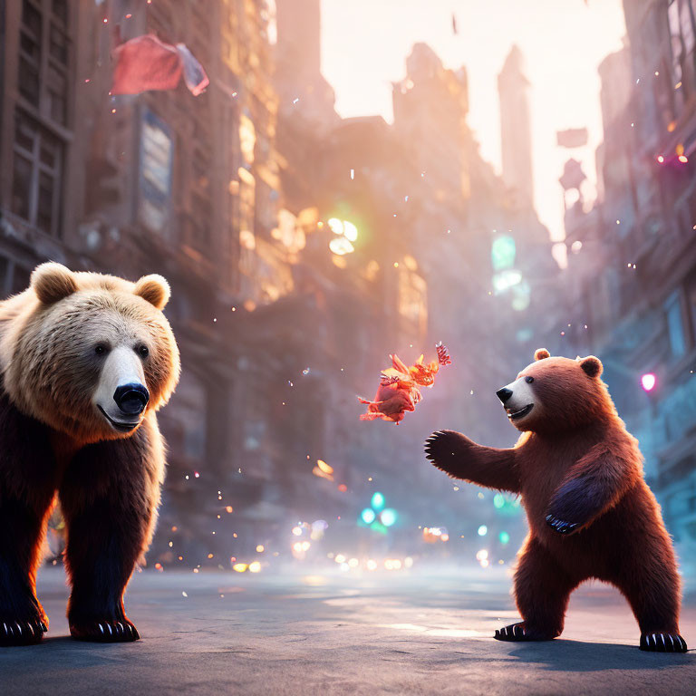 Whimsical city street scene with two animated bears and fiery figure