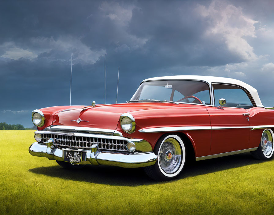 Vintage Red and White Convertible Car on Grass Field under Stormy Sky