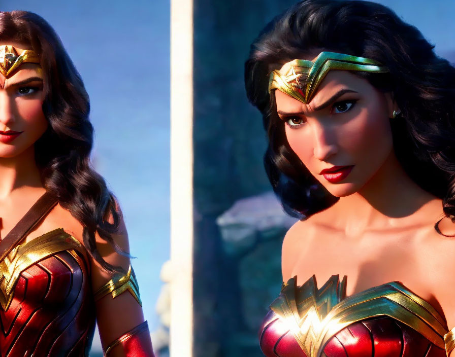 Split Image: Animated Female Superhero in Red & Gold Armor