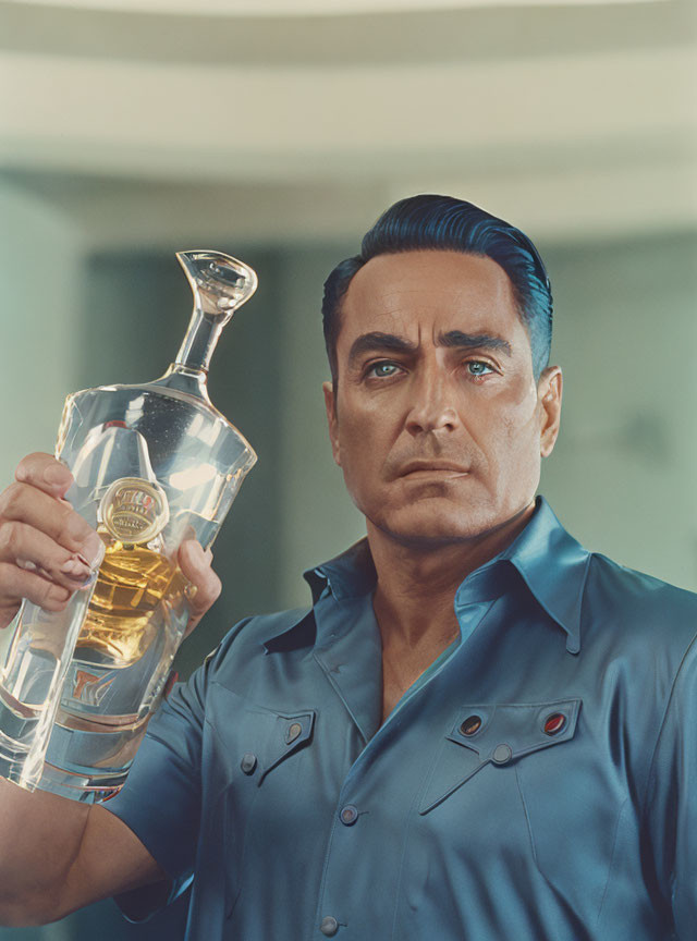 Man in Blue Shirt Holding Ornate Perfume Bottle