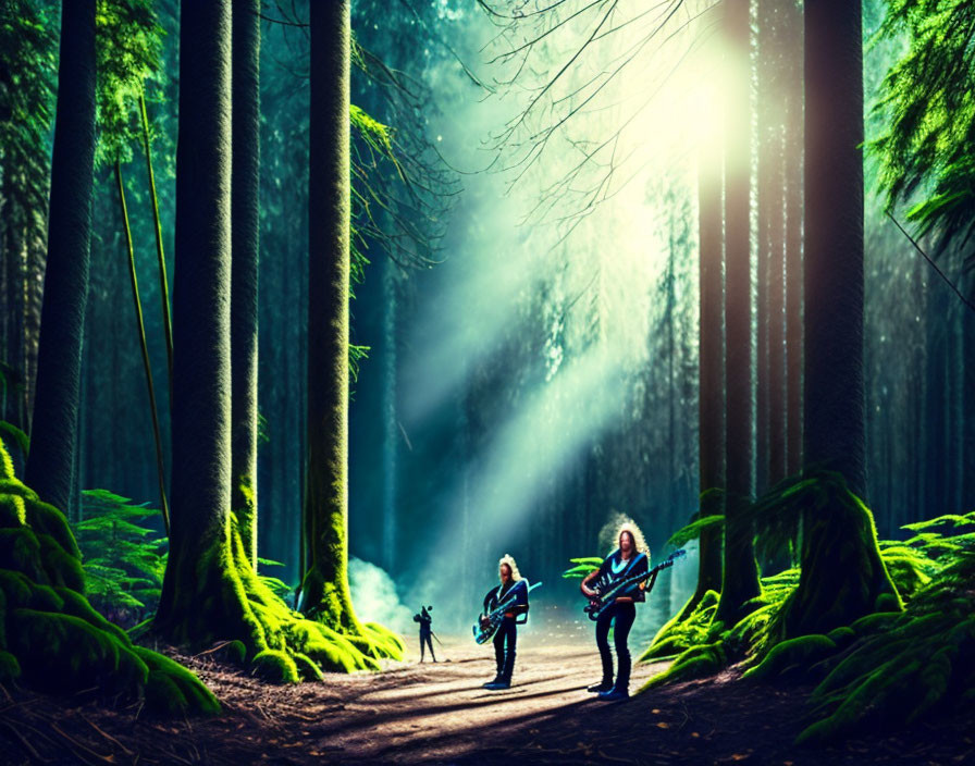 Forest Path: Guitarists in Sunlit Woods