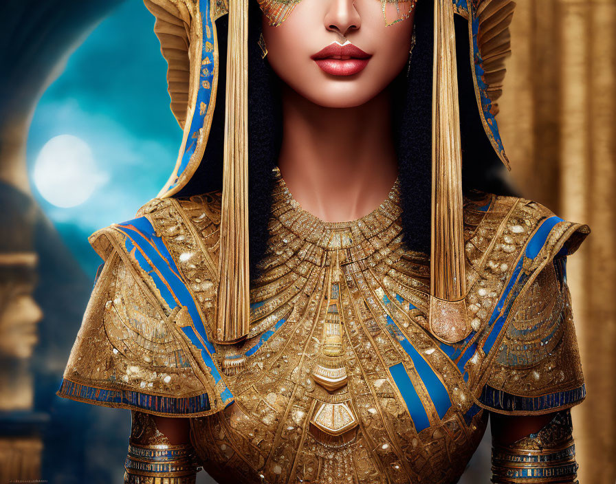 Ancient Egyptian woman in opulent attire under moonlit sky