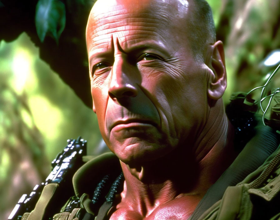 Intense bald man in military gear against green background