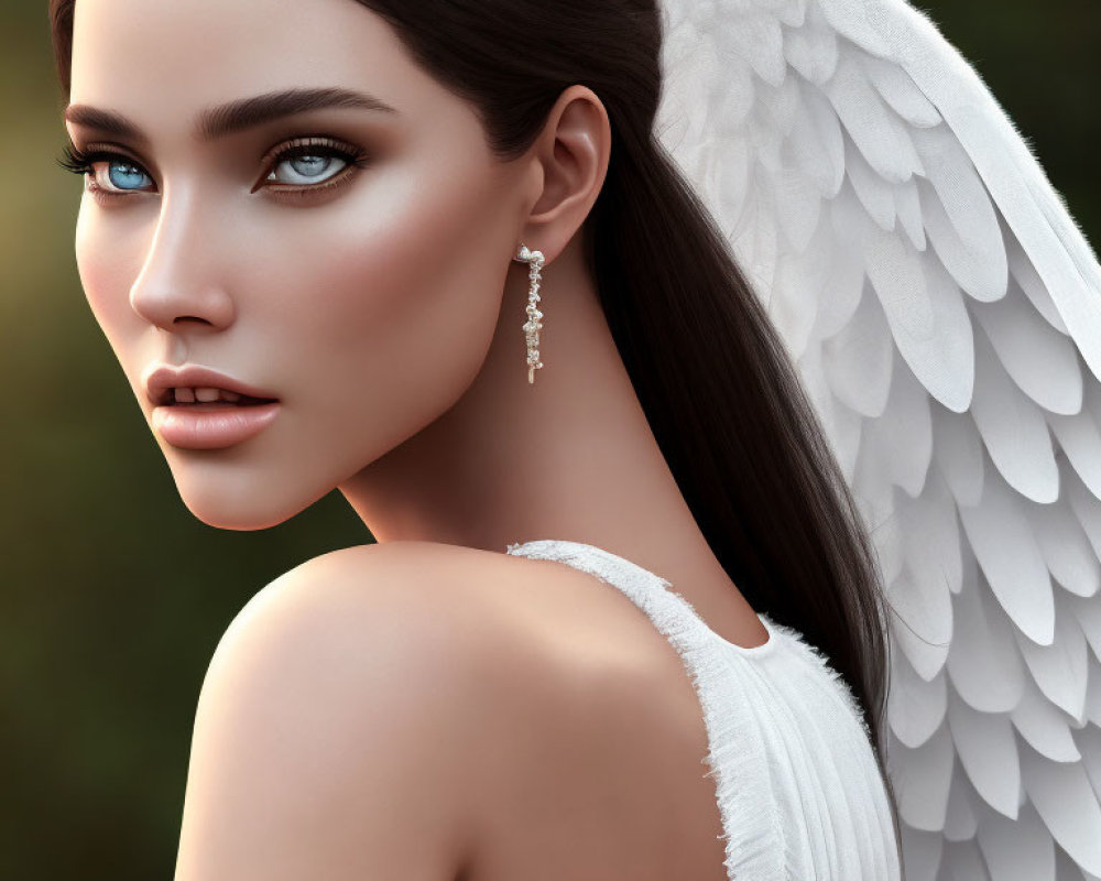 Digital artwork of woman with angel wings and blue eyes on soft-focus background