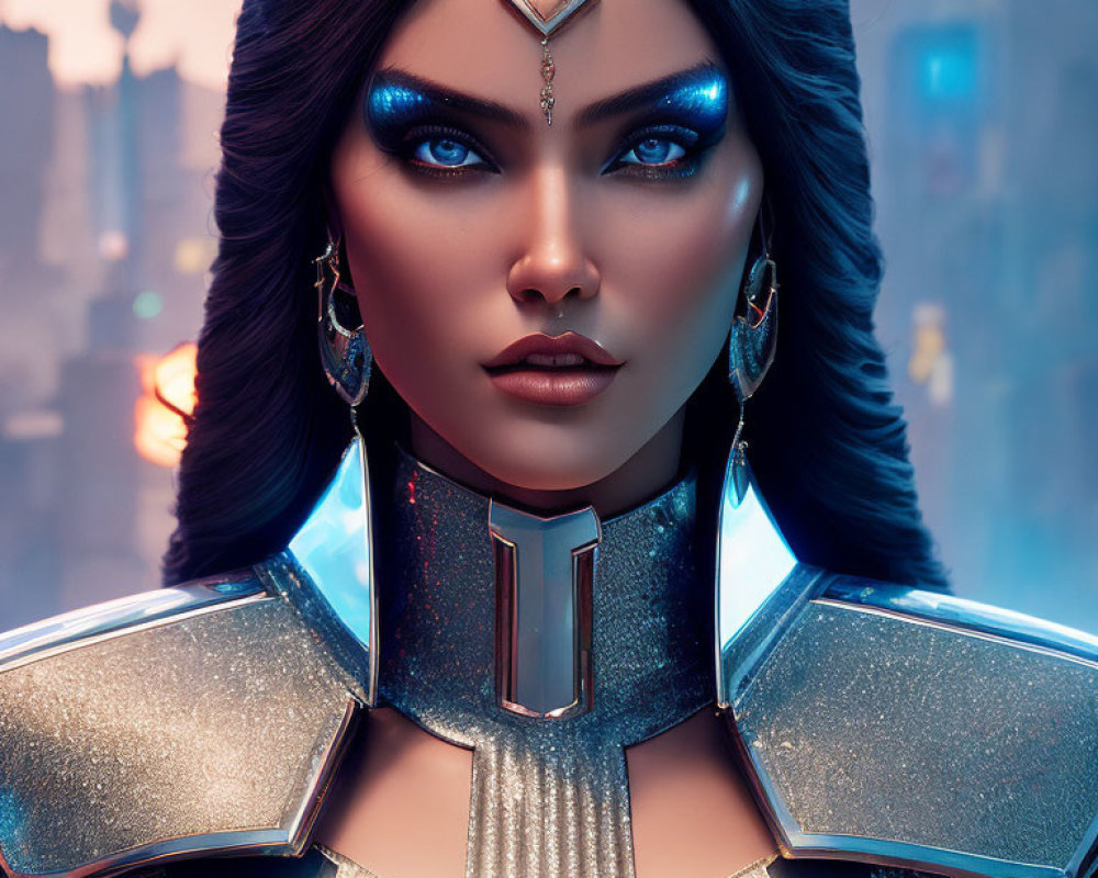 Digital artwork: Woman in futuristic armor with blue eyes, gemstone forehead piece, cityscape background