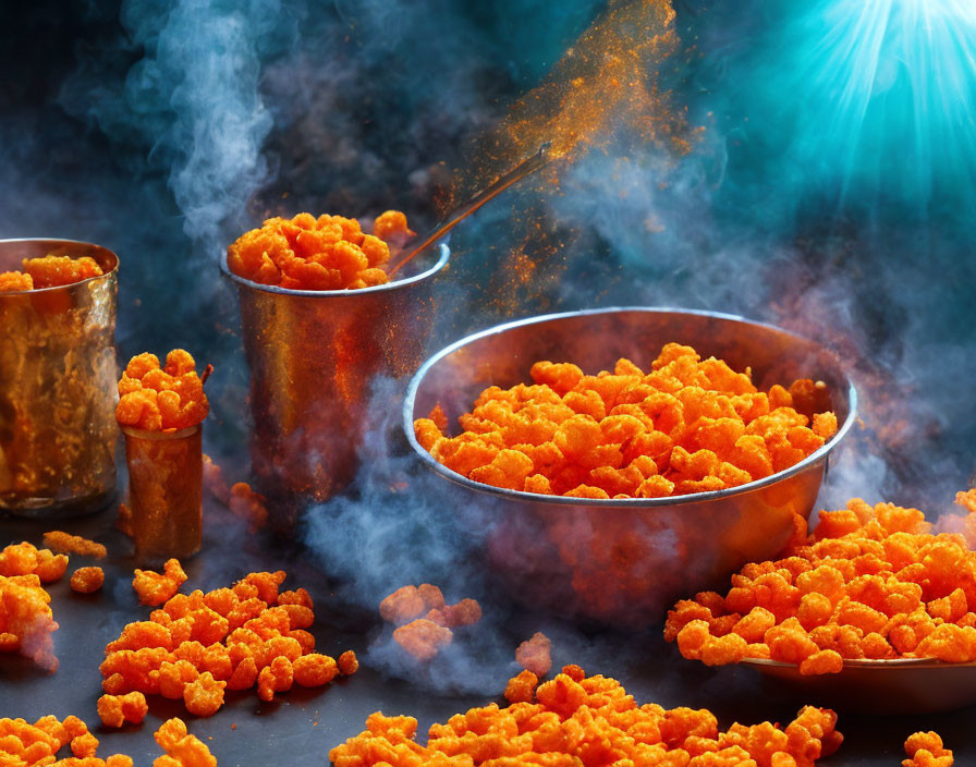 Spicy cheese puffs in golden bowl with smoky aura