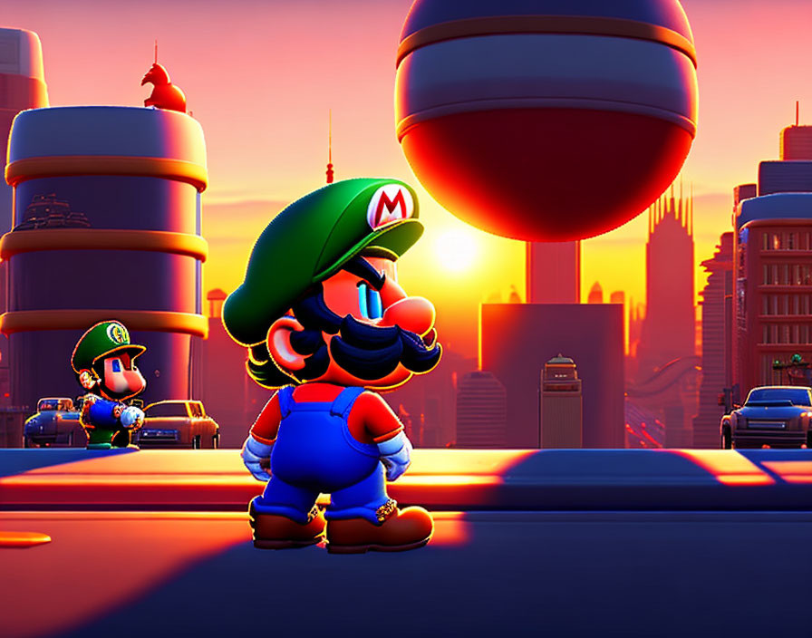 Mario in city at sunset with futuristic buildings.