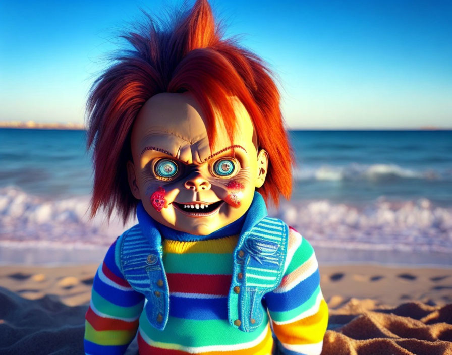 Red-Haired Chucky Doll on Beach with Menacing Expression