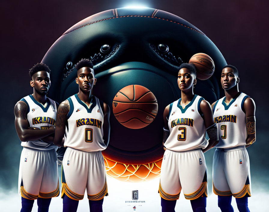 Four basketball players in matching uniforms around oversized basketball