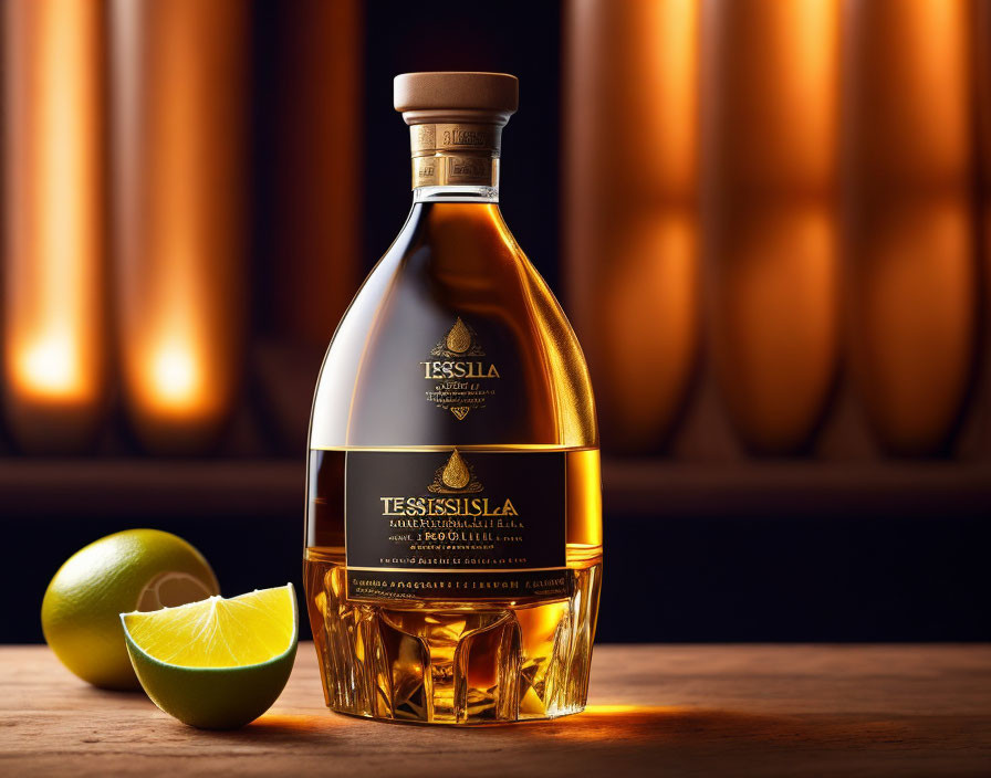 Golden-labeled Tessilia liquor bottle with lime slice on warm backdrop