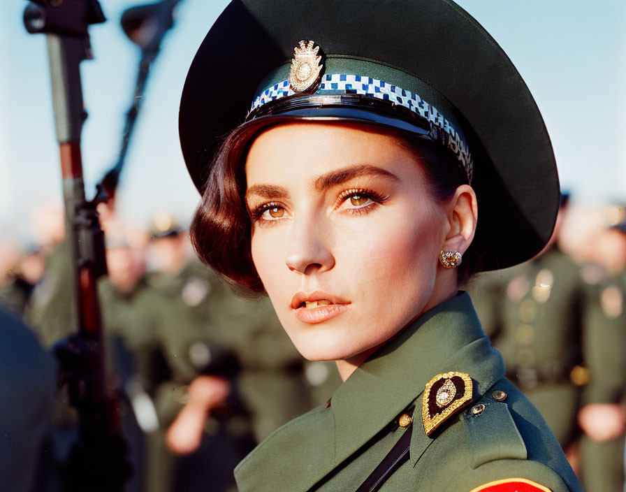 Ceremonial military woman in uniform with badge, surrounded by soldiers