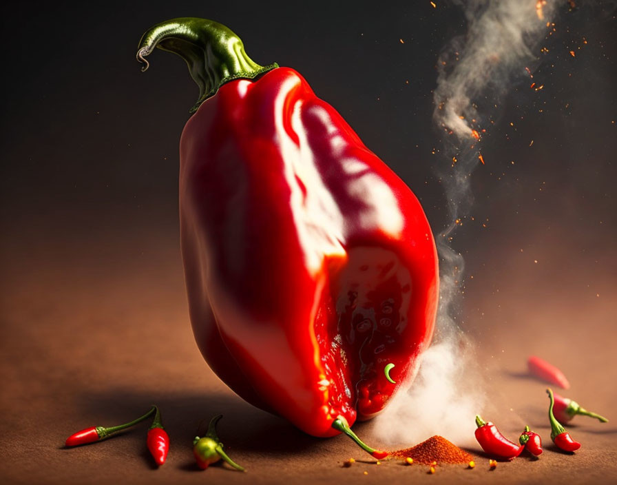 Red Bell Pepper Illustration with Punch Effect and Chili Peppers on Brown Background