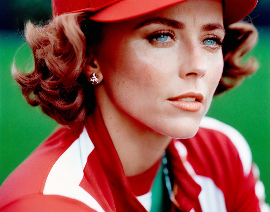 Styled hair woman in red cap, jacket, and earrings on green background