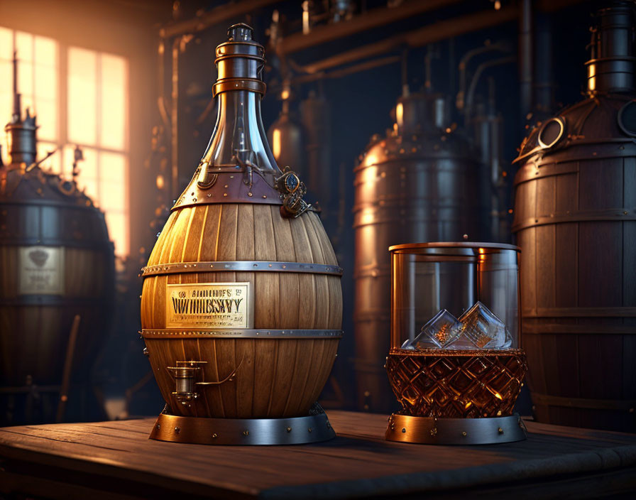 Wooden whiskey still and glass in sunlight at distillery.