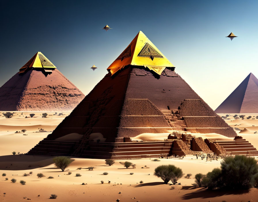 Sunset illuminates three large pyramids in desert landscape with geometric shapes and people nearby