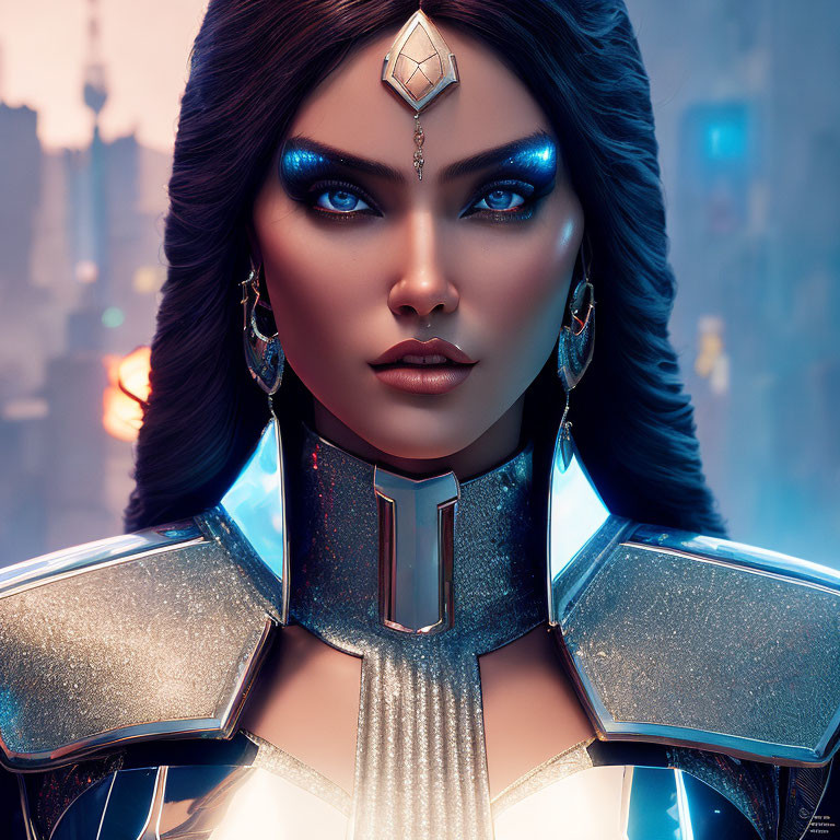 Digital artwork: Woman in futuristic armor with blue eyes, gemstone forehead piece, cityscape background