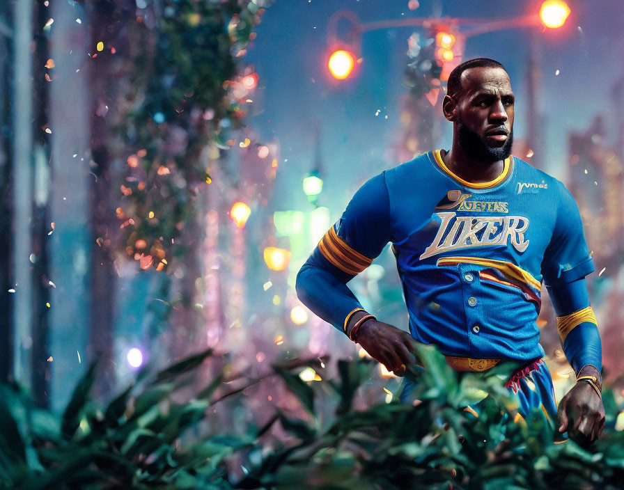 Man in Lakers Jersey Standing in Greenery with Urban Lights Background