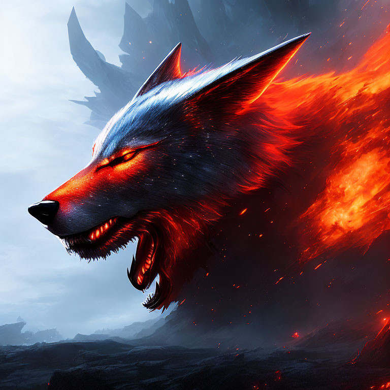 Fiery red and black wolf with glowing eyes in volcanic landscape