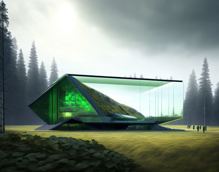 Modern glass building with green-tinted angular façade in misty forest clearing