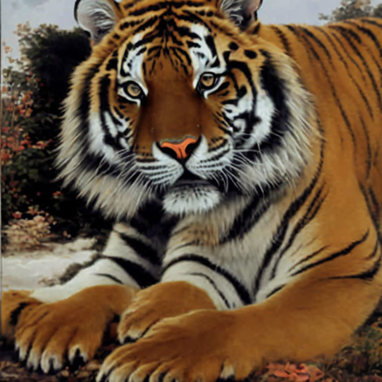 Tiger painting with focused gaze in lush foliage