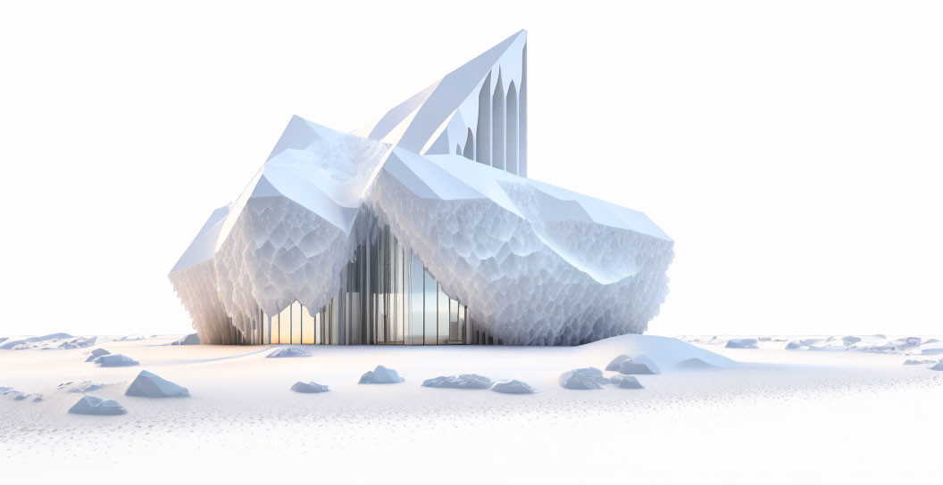 Geometric crystal-like futuristic building in snowy landscape