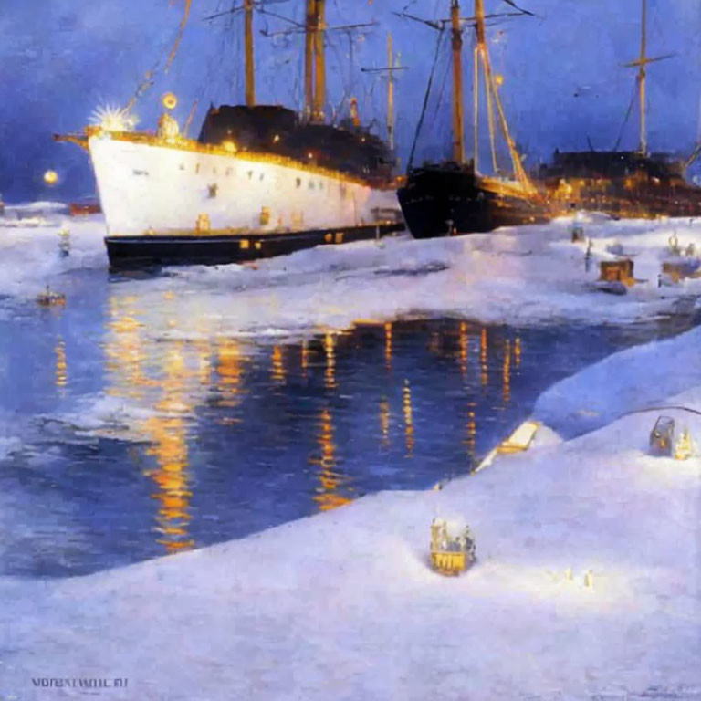 Snow-covered pier painting: Large ship at night with lights reflecting on water.