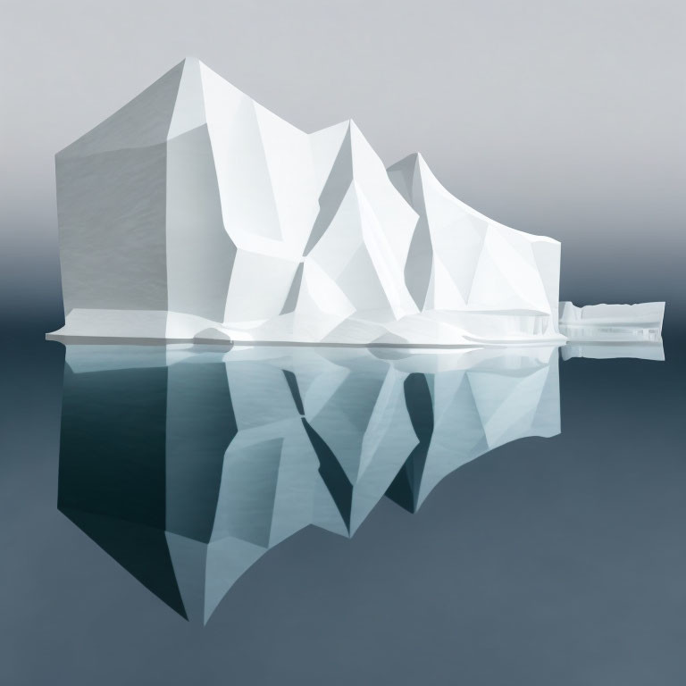 Geometric iceberg shapes mirrored on calm water surface in digital art.