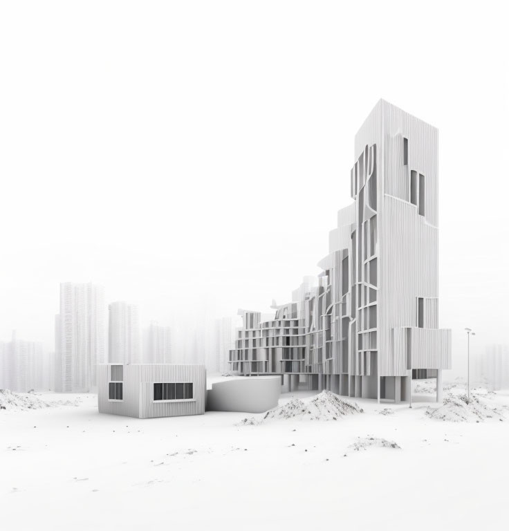 Snow-covered landscape with futuristic minimalist architecture