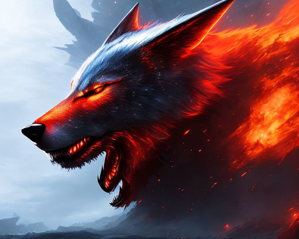 Fiery red and black wolf with glowing eyes in volcanic landscape