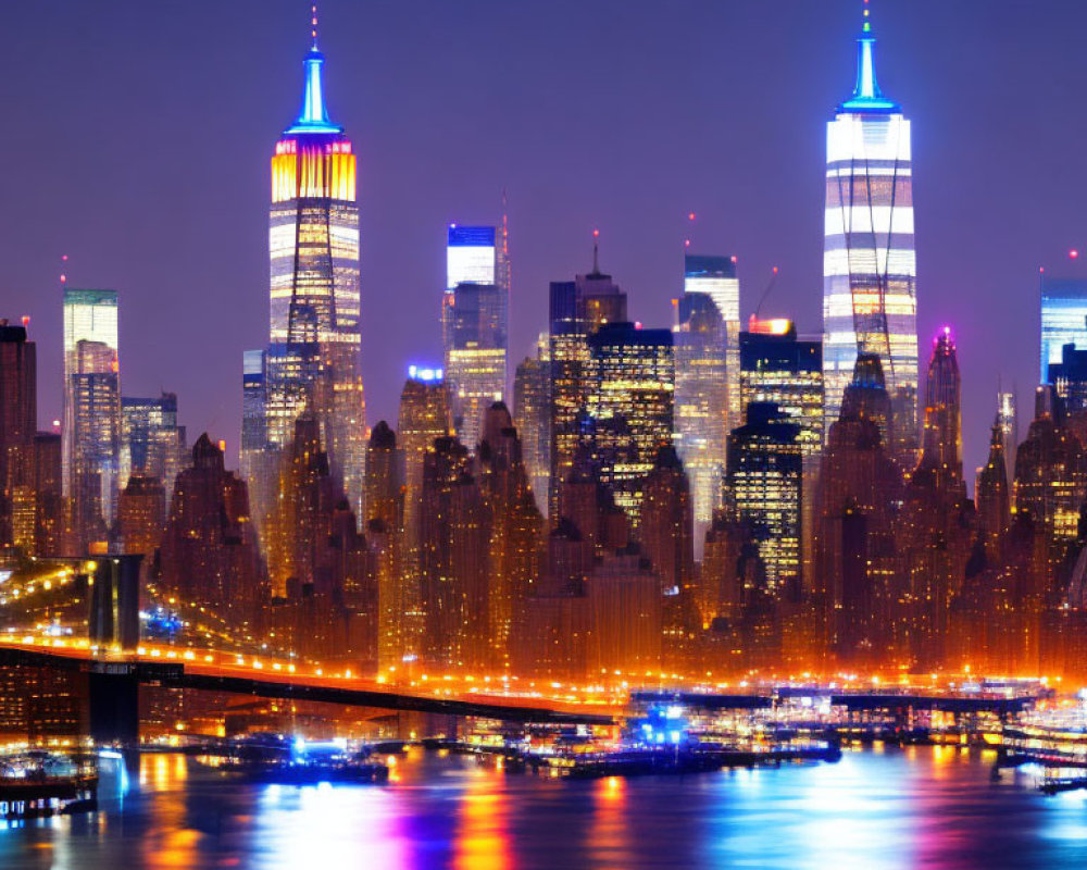 City skyline at night with illuminated skyscrapers and water reflections