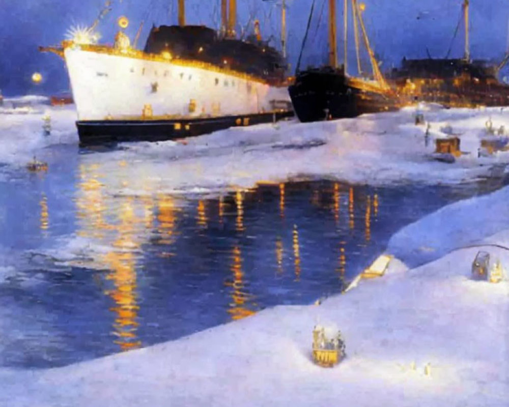 Snow-covered pier painting: Large ship at night with lights reflecting on water.