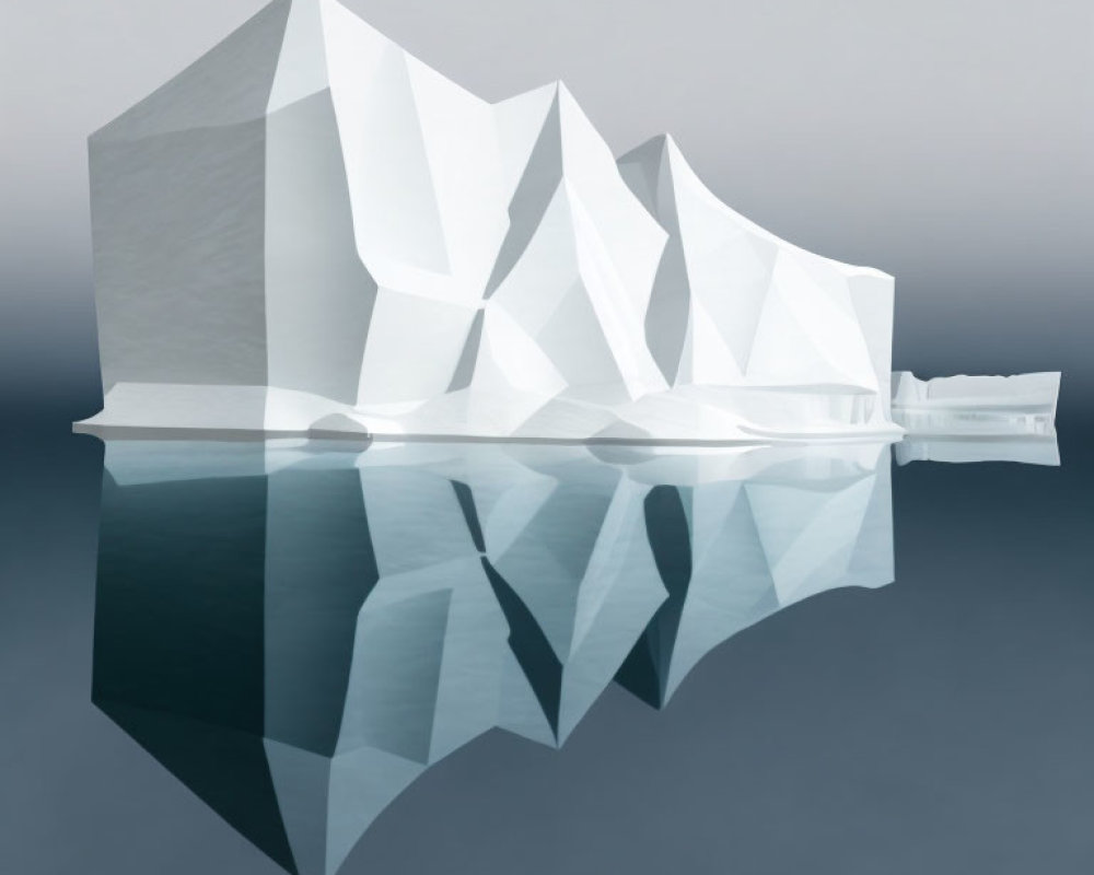 Geometric iceberg shapes mirrored on calm water surface in digital art.