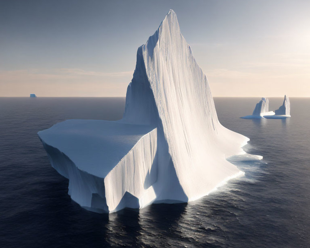 Tranquil ocean landscape with icebergs at sunrise or sunset